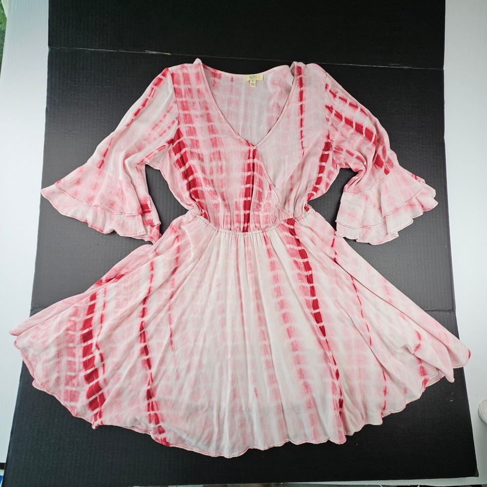 Kori America Red White Tie Dye Ruffle Bell Sleeve Mini Dress Boho M6089 Small
